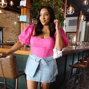 Express Light Blue Denim Mini Skirt with Tie Detail